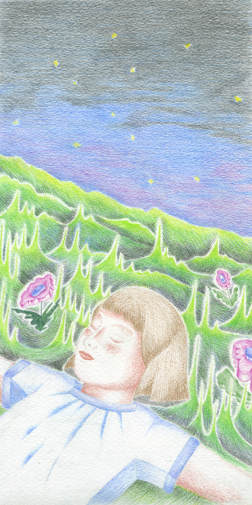 Illustration aux crayons de couleur d'après le roman Le cœur est un chasseur solitaire de Carson McCullers par Ophélie Paris. 