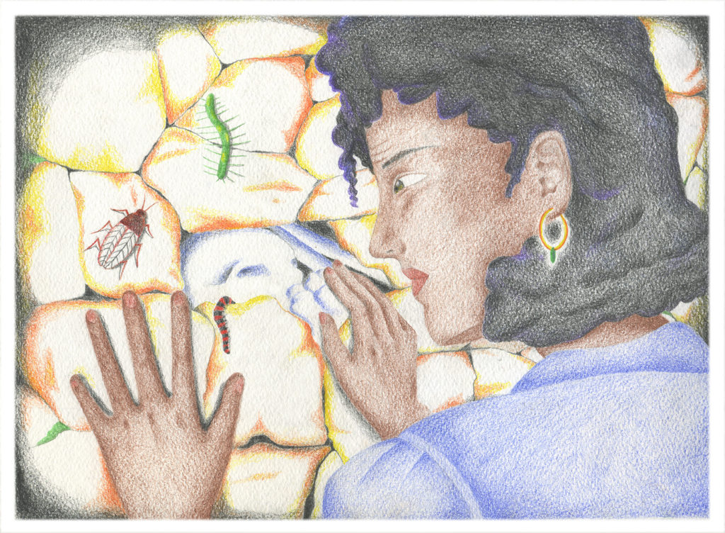 Illustration aux crayons de couleur par Ophélie Paris d'après le roman Médée. Voix. par Christa Wolf.